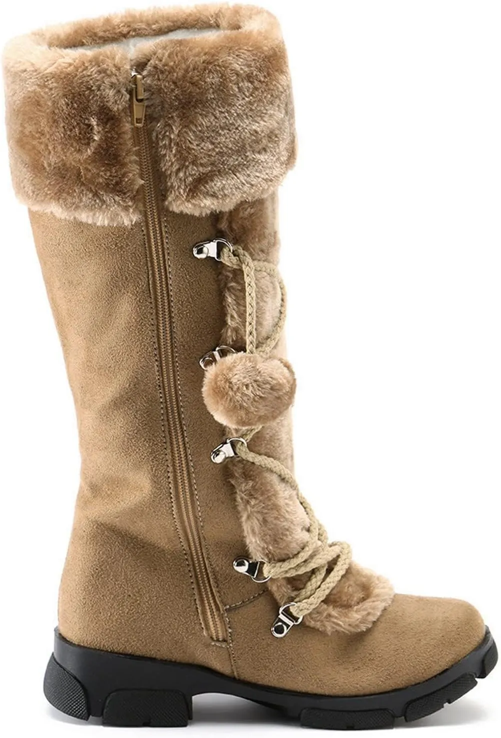 SACFOF Women's Winter Warm Knee High Riding Boots Comfy Side Zipper Suede Plush Ball Lace-up Collar Knight Snow Boots