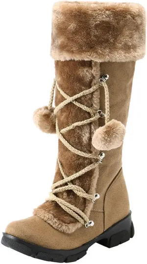 SACFOF Women's Winter Warm Knee High Riding Boots Comfy Side Zipper Suede Plush Ball Lace-up Collar Knight Snow Boots