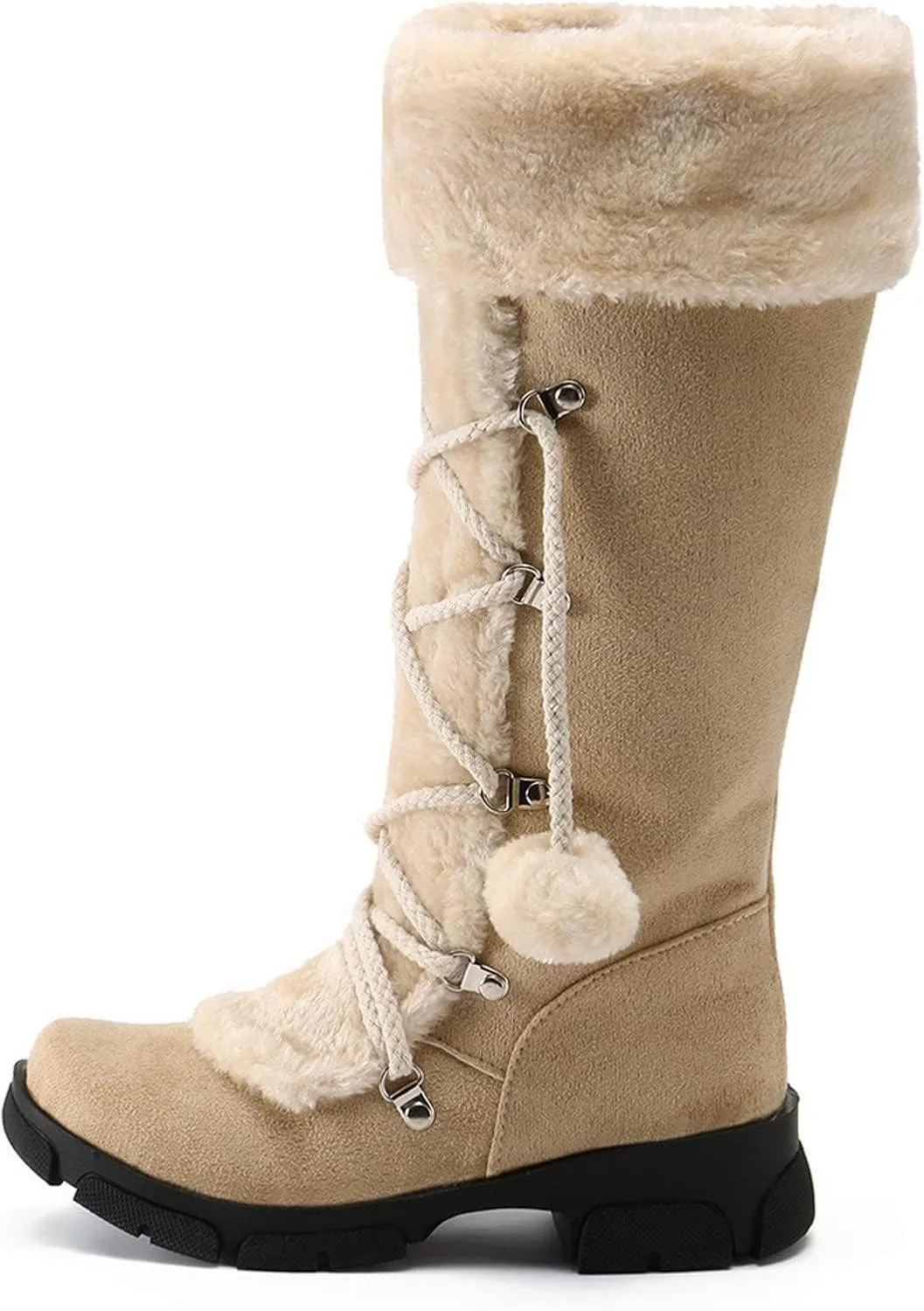SACFOF Women's Winter Warm Knee High Riding Boots Comfy Side Zipper Suede Plush Ball Lace-up Collar Knight Snow Boots