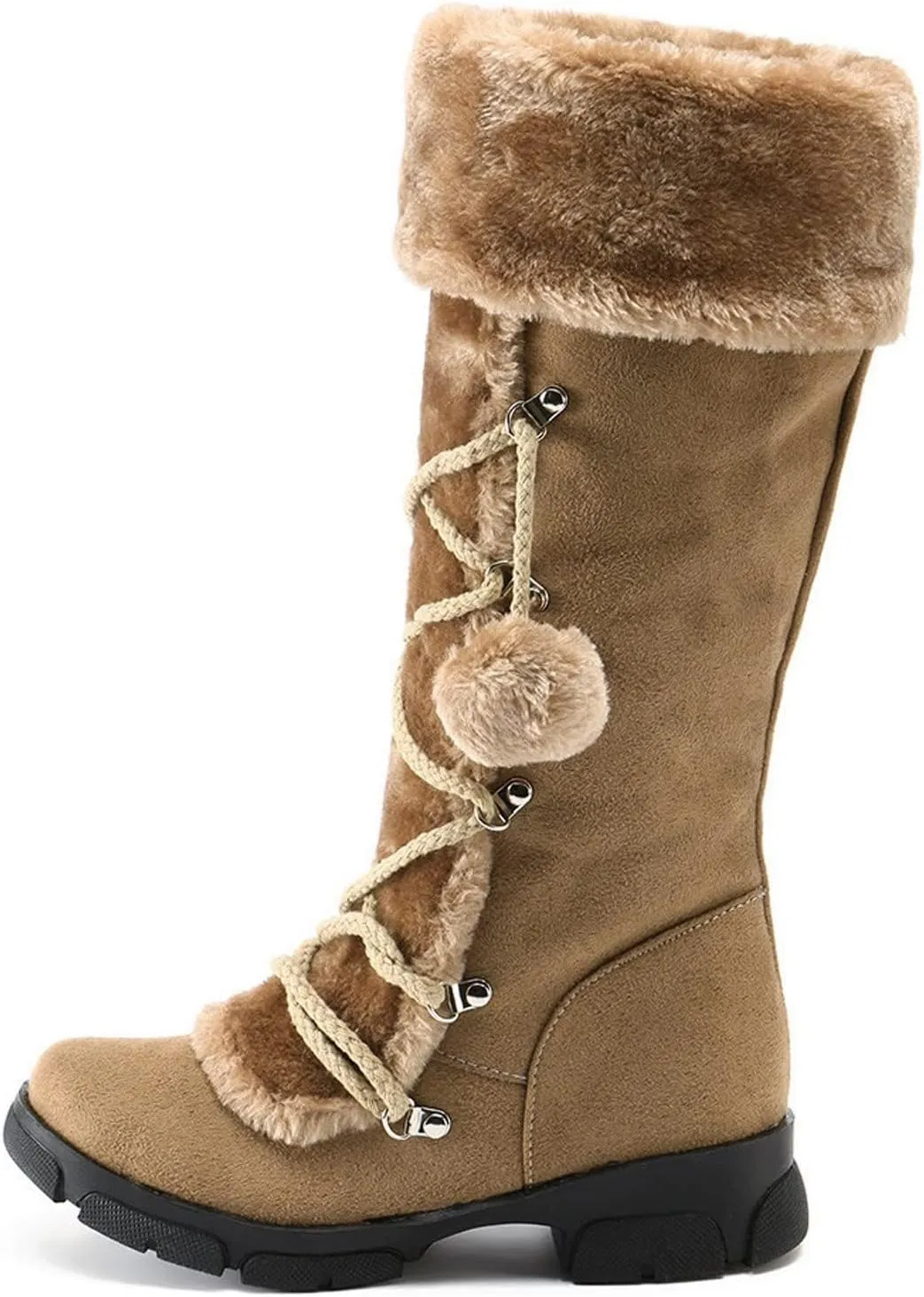 SACFOF Women's Winter Warm Knee High Riding Boots Comfy Side Zipper Suede Plush Ball Lace-up Collar Knight Snow Boots