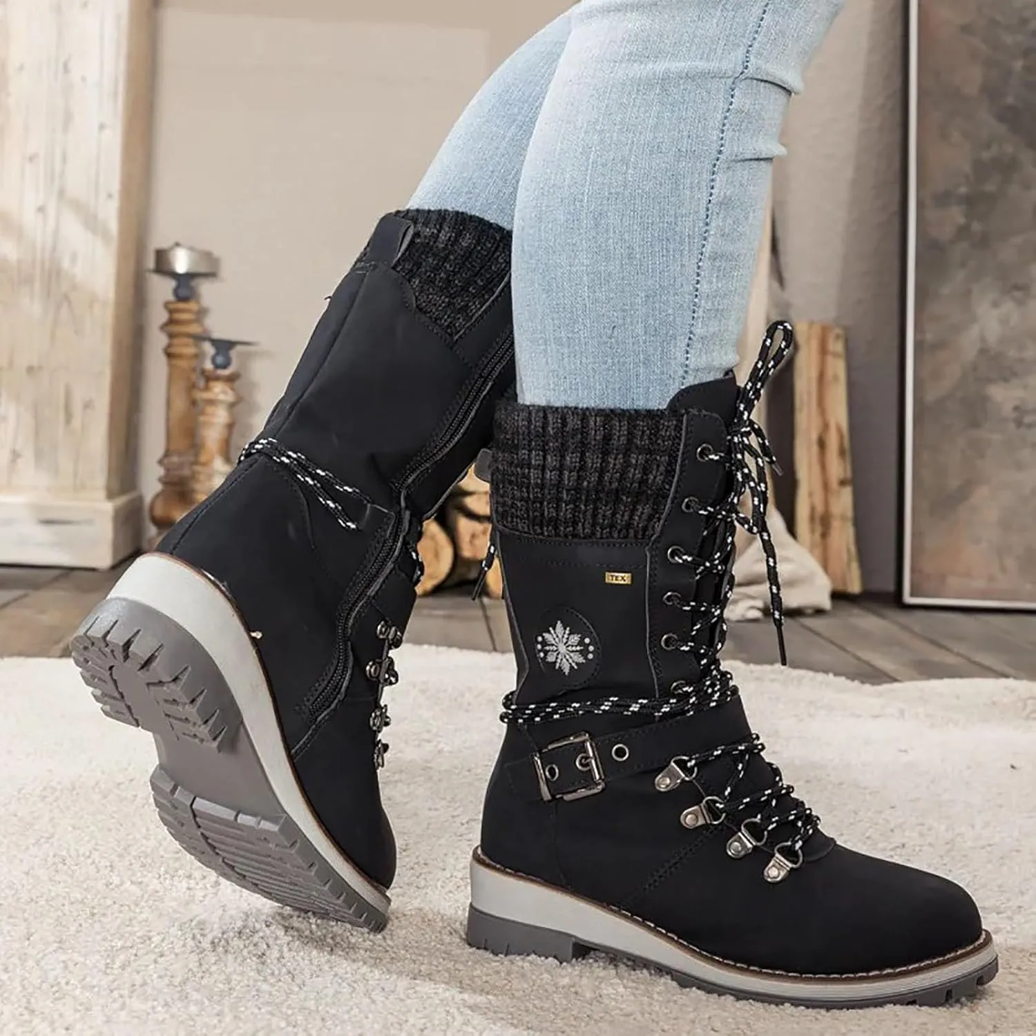 SACFOF Women's Winter Warm Mid Calf Snow Boots Knitted Suede Splicing Lace up Non-Slip Outdoor Motorcycle Riding Booties