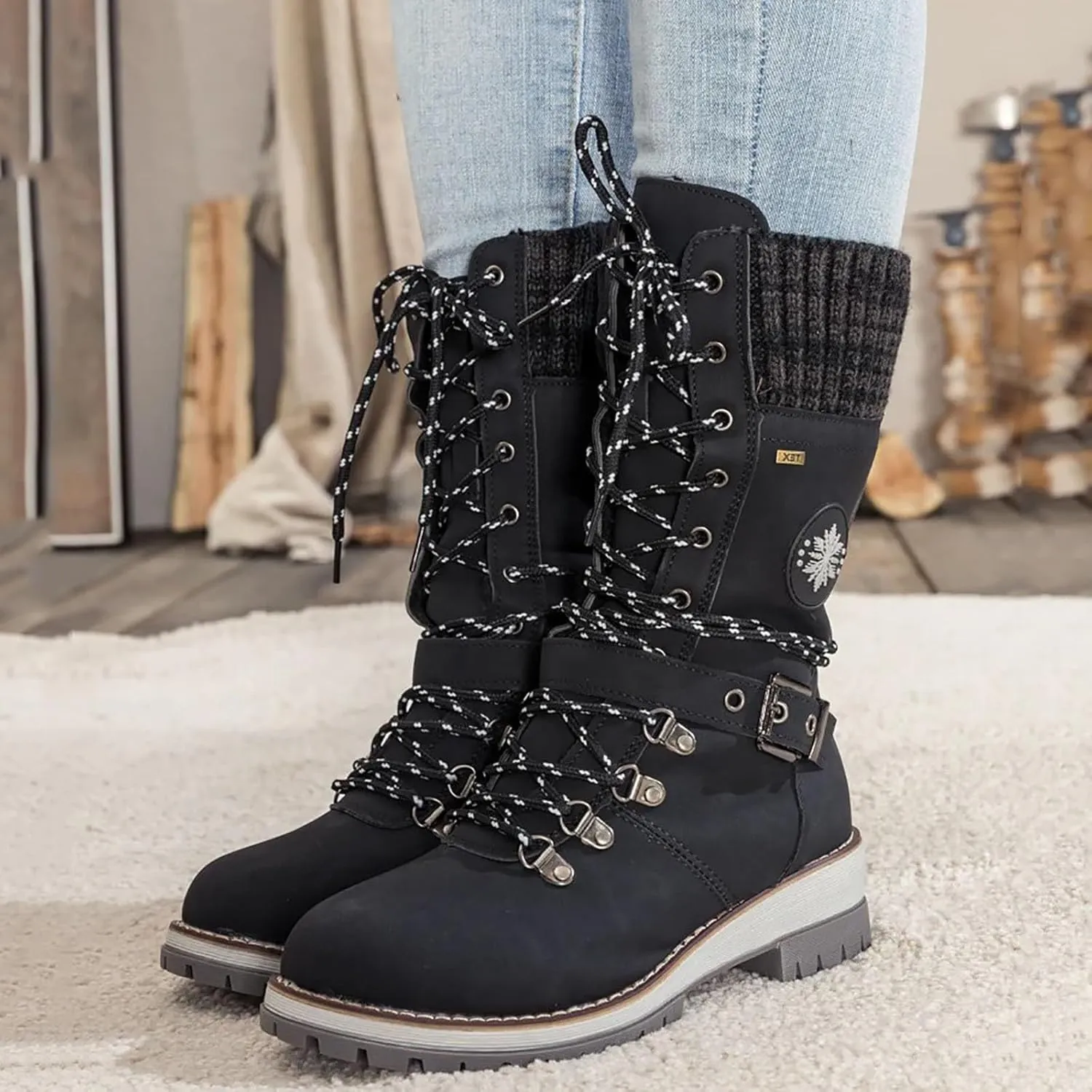 SACFOF Women's Winter Warm Mid Calf Snow Boots Knitted Suede Splicing Lace up Non-Slip Outdoor Motorcycle Riding Booties