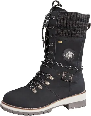 SACFOF Women's Winter Warm Mid Calf Snow Boots Knitted Suede Splicing Lace up Non-Slip Outdoor Motorcycle Riding Booties