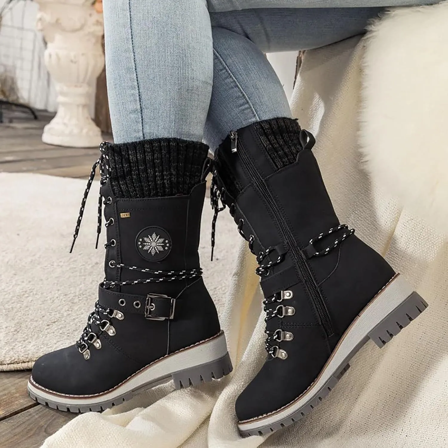 SACFOF Women's Winter Warm Mid Calf Snow Boots Knitted Suede Splicing Lace up Non-Slip Outdoor Motorcycle Riding Booties