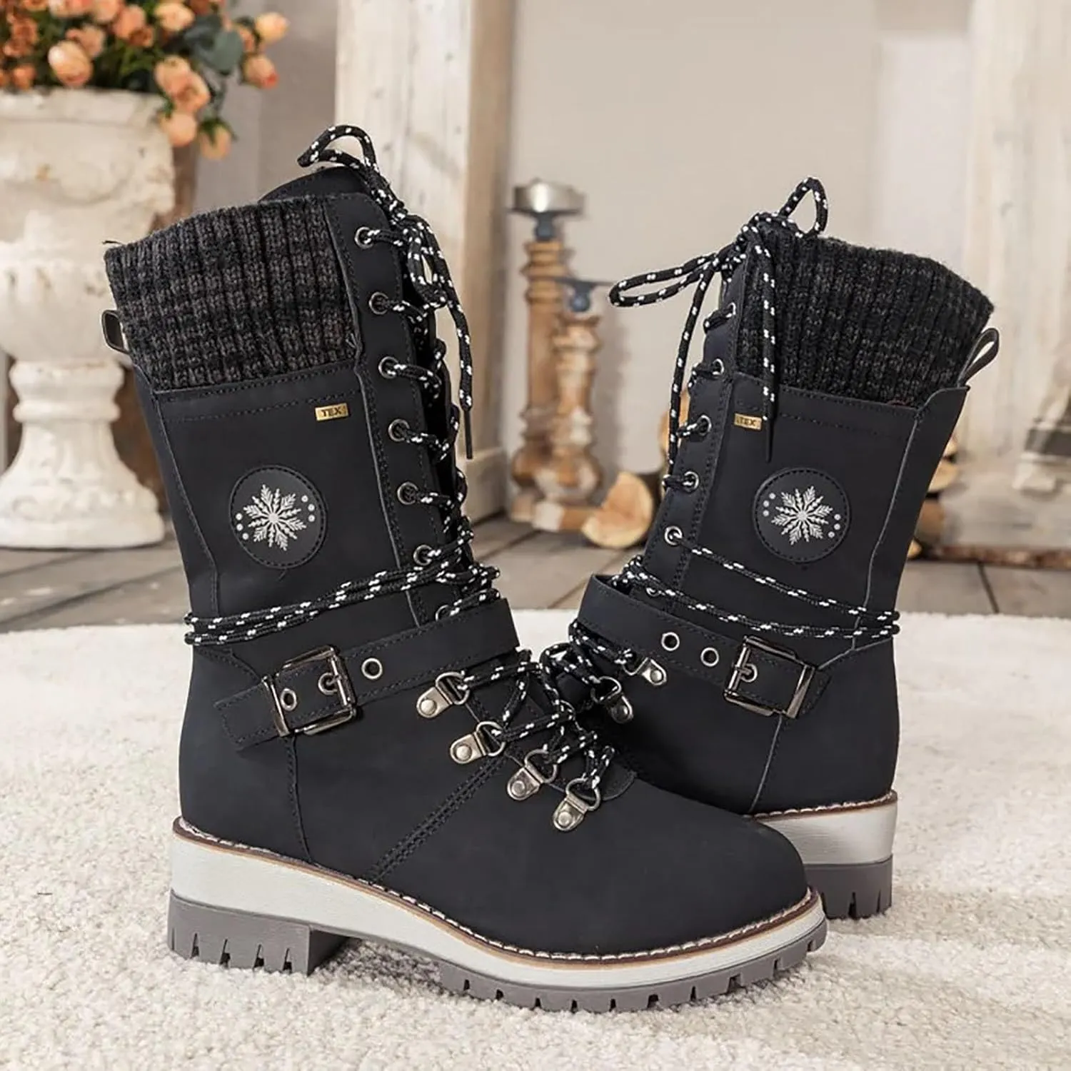 SACFOF Women's Winter Warm Mid Calf Snow Boots Knitted Suede Splicing Lace up Non-Slip Outdoor Motorcycle Riding Booties