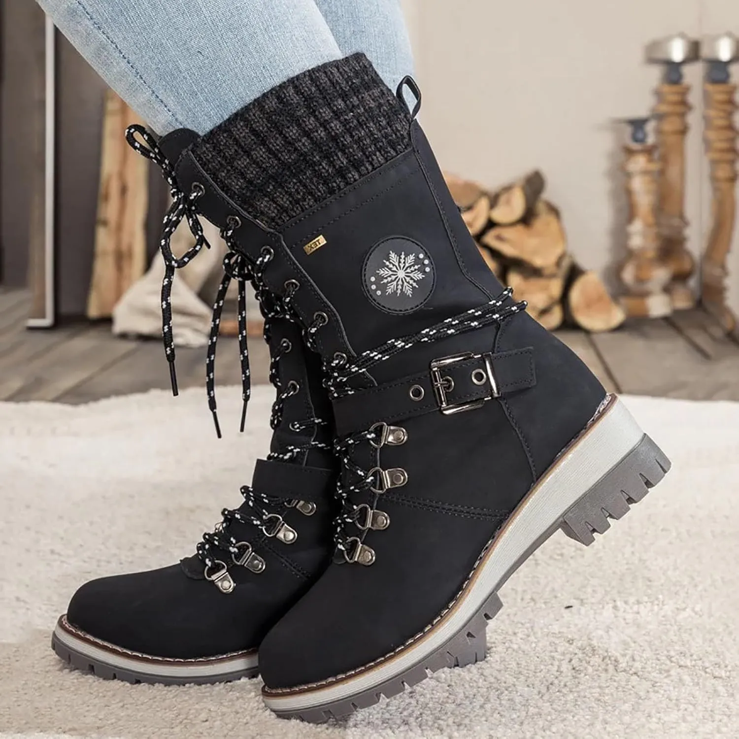 SACFOF Women's Winter Warm Mid Calf Snow Boots Knitted Suede Splicing Lace up Non-Slip Outdoor Motorcycle Riding Booties