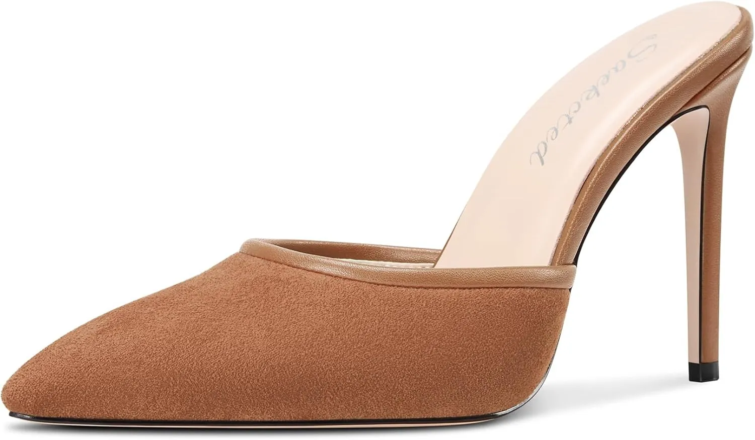 Saekcted Womens Heeled Mules Stiletto High Heel Sandals Pointed Toe Pumps Slip-on Slingback Casual Dress 3.9 Inches Heels