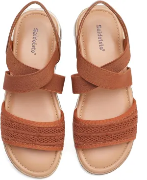 Saidoteto Women's Wide Width Flat Sandals,Comfortable Elastic Ankle Strap Slingback Slip-On Open Toe Low Wedge Walking Sandals for Summer & Casual