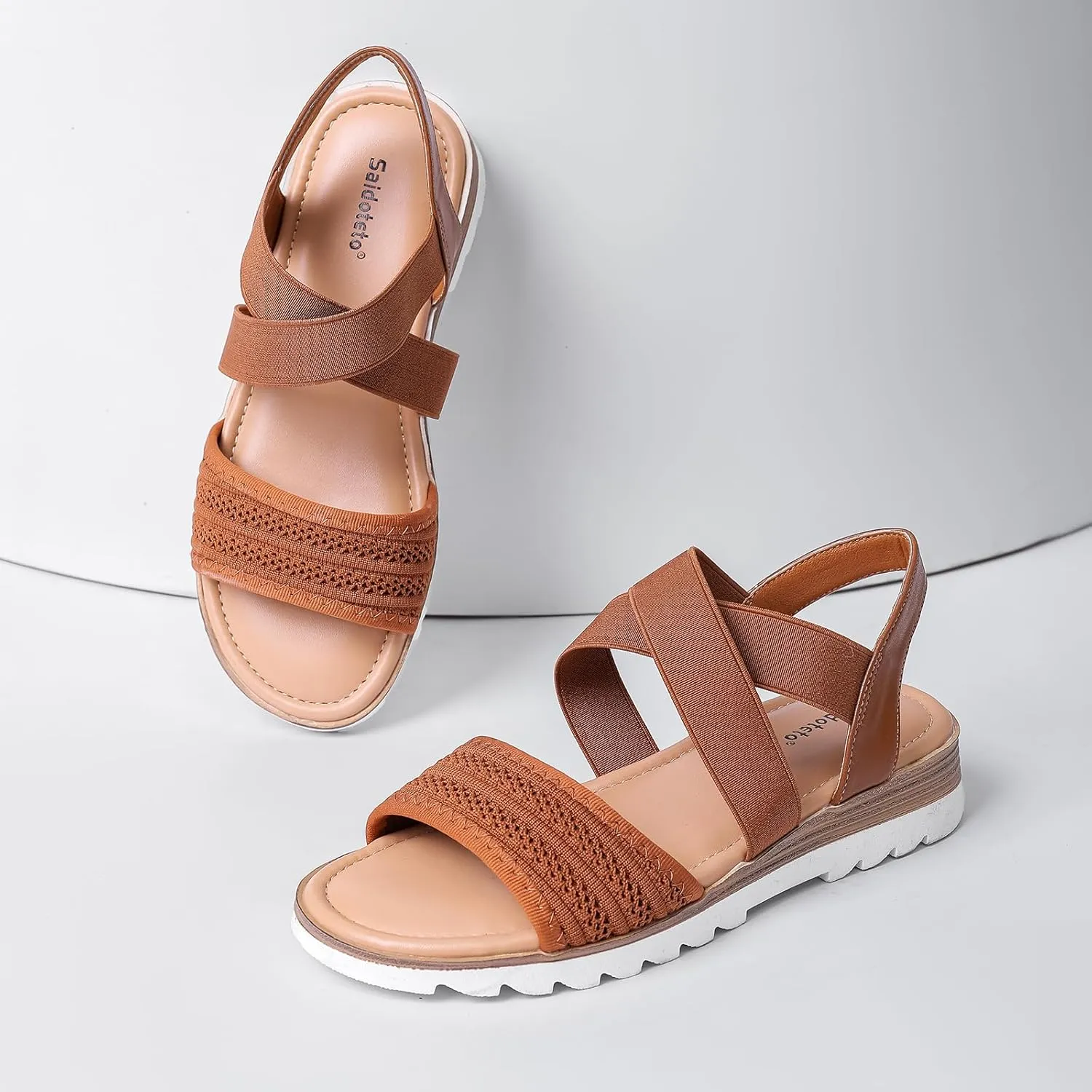 Saidoteto Women's Wide Width Flat Sandals,Comfortable Elastic Ankle Strap Slingback Slip-On Open Toe Low Wedge Walking Sandals for Summer & Casual