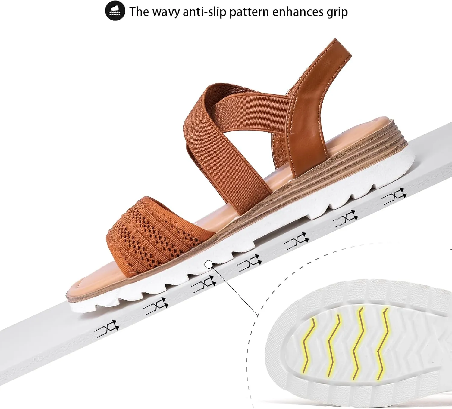 Saidoteto Women's Wide Width Flat Sandals,Comfortable Elastic Ankle Strap Slingback Slip-On Open Toe Low Wedge Walking Sandals for Summer & Casual