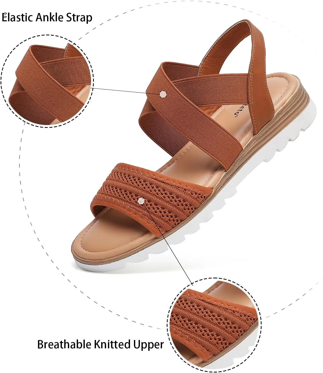 Saidoteto Women's Wide Width Flat Sandals,Comfortable Elastic Ankle Strap Slingback Slip-On Open Toe Low Wedge Walking Sandals for Summer & Casual