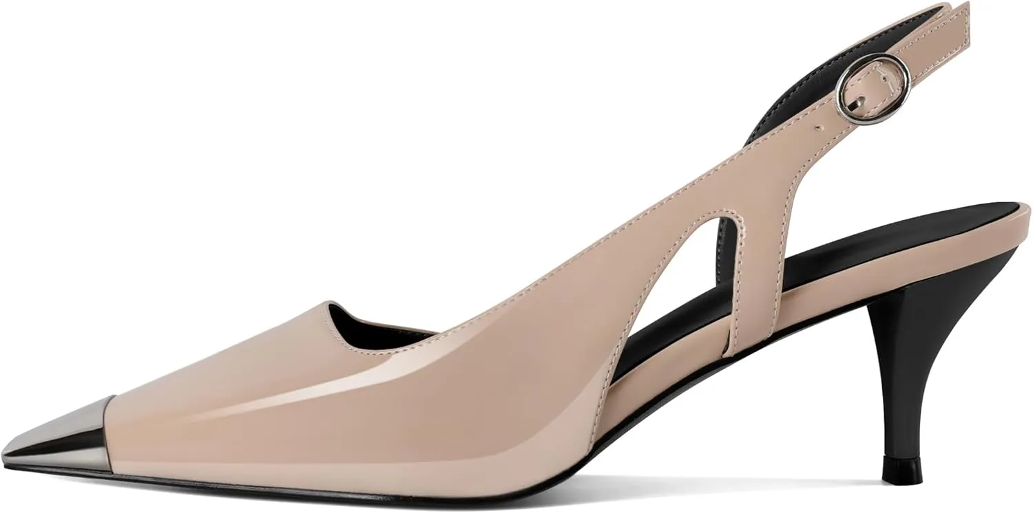SAMMITOP Kitten Heel Slingback Pumps for Women Silver Cap Toe Low Heel Square Toe Heels Ankle Strap D’Orsay Pump Shoes Office Party Prom 2.4 in
