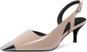 SAMMITOP Kitten Heel Slingback Pumps for Women Silver Cap Toe Low Heel Square Toe Heels Ankle Strap D’Orsay Pump Shoes Office Party Prom 2.4 in