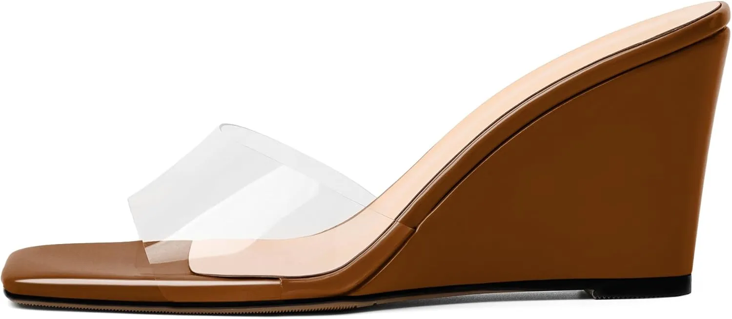 SAMMITOP Womens Clear Heels Sandals Square Open Toe Wedge Heel Sandals Slip On Heeled Mules Summer Dress Slipper Shoes 3.5 Inch