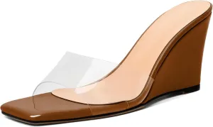 SAMMITOP Womens Clear Heels Sandals Square Open Toe Wedge Heel Sandals Slip On Heeled Mules Summer Dress Slipper Shoes 3.5 Inch