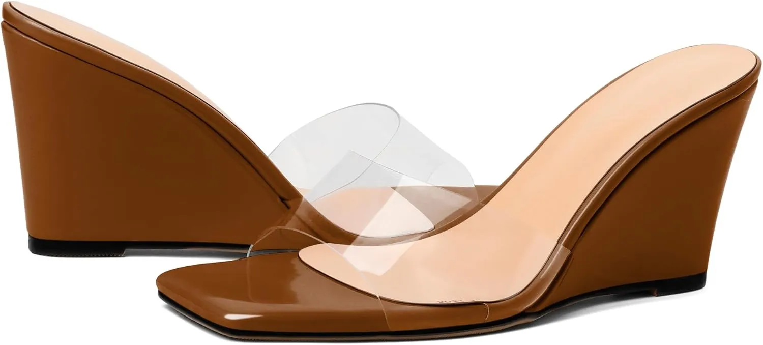 SAMMITOP Womens Clear Heels Sandals Square Open Toe Wedge Heel Sandals Slip On Heeled Mules Summer Dress Slipper Shoes 3.5 Inch