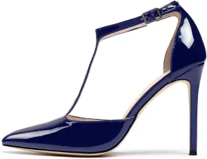 SAMMITOP Women's High Heel Ankle Strap Pumps T-bar Pointed Toe Dress Shoes Patent Leather Sandals