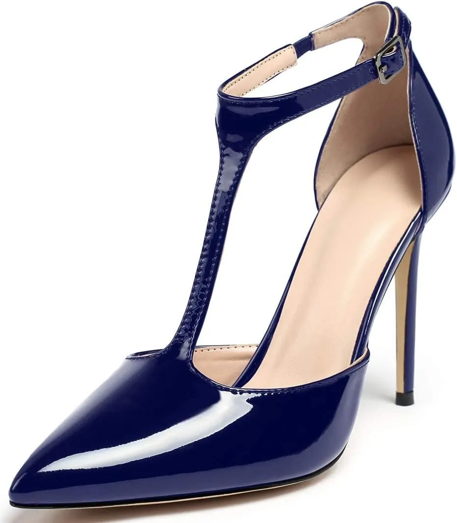 SAMMITOP Women's High Heel Ankle Strap Pumps T-bar Pointed Toe Dress Shoes Patent Leather Sandals