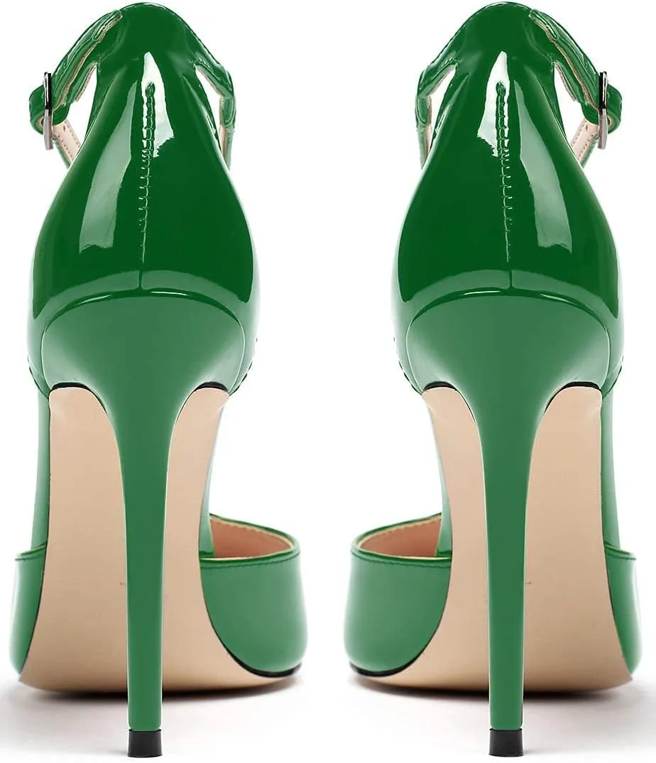 SAMMITOP Women's High Heel Ankle Strap Pumps T-bar Pointed Toe Dress Shoes Patent Leather Sandals