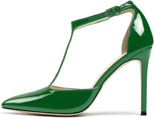 SAMMITOP Women's High Heel Ankle Strap Pumps T-bar Pointed Toe Dress Shoes Patent Leather Sandals