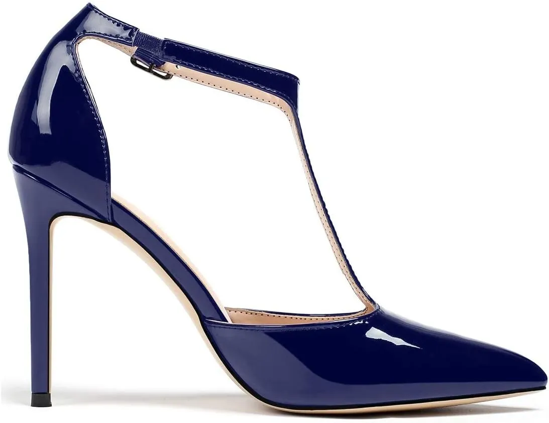 SAMMITOP Women's High Heel Ankle Strap Pumps T-bar Pointed Toe Dress Shoes Patent Leather Sandals