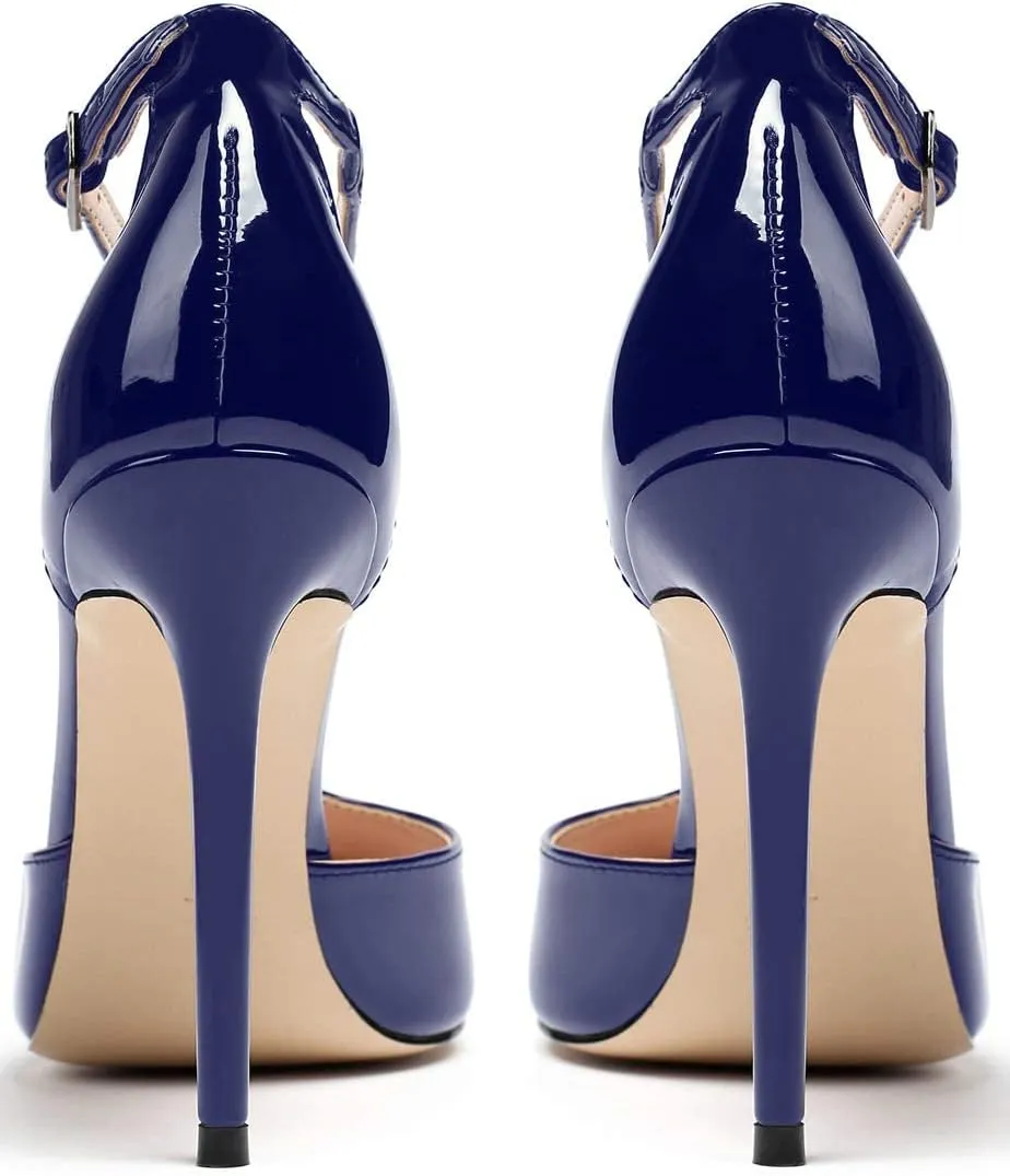 SAMMITOP Women's High Heel Ankle Strap Pumps T-bar Pointed Toe Dress Shoes Patent Leather Sandals