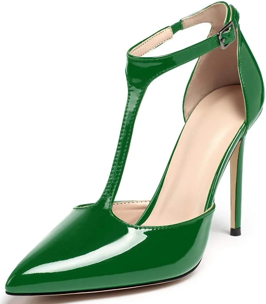 SAMMITOP Women's High Heel Ankle Strap Pumps T-bar Pointed Toe Dress Shoes Patent Leather Sandals