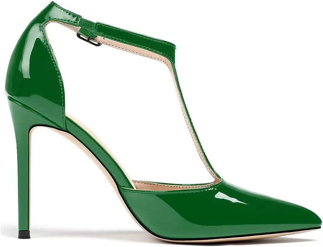 SAMMITOP Women's High Heel Ankle Strap Pumps T-bar Pointed Toe Dress Shoes Patent Leather Sandals
