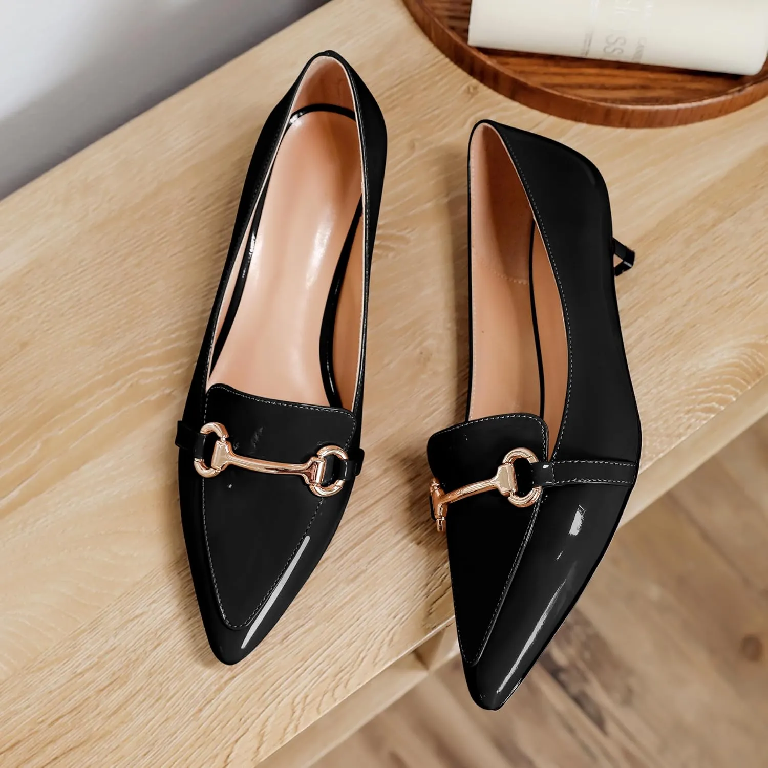 SAMMITOP Women's Low Kitten Heels Pointed Toe Metal Chain Slip On Loafers Pump Comfort Dress Work Wedding Shoes for Women 1.5 inch