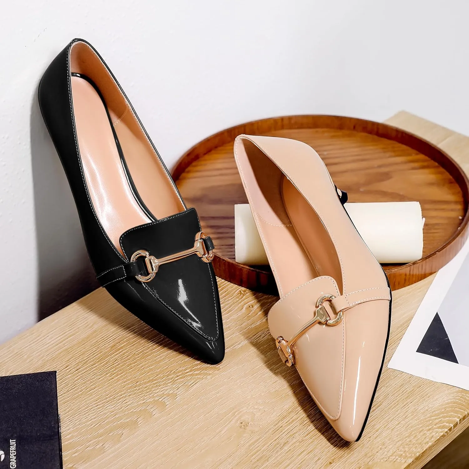 SAMMITOP Women's Low Kitten Heels Pointed Toe Metal Chain Slip On Loafers Pump Comfort Dress Work Wedding Shoes for Women 1.5 inch