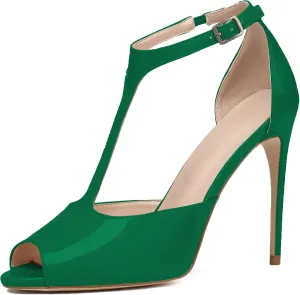 SAMMITOP Women's Peep Toe 10CM T-Strap Ankle Buckle High Heel Sandals