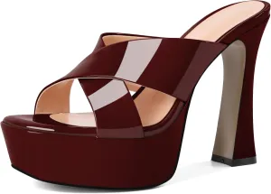 SAMMITOP Women's Platform Chunky Block Heels Sexy Open Square Toe High Heel Sandals Crisscross Slip On Mules Dress Shoes 4.7 Inch