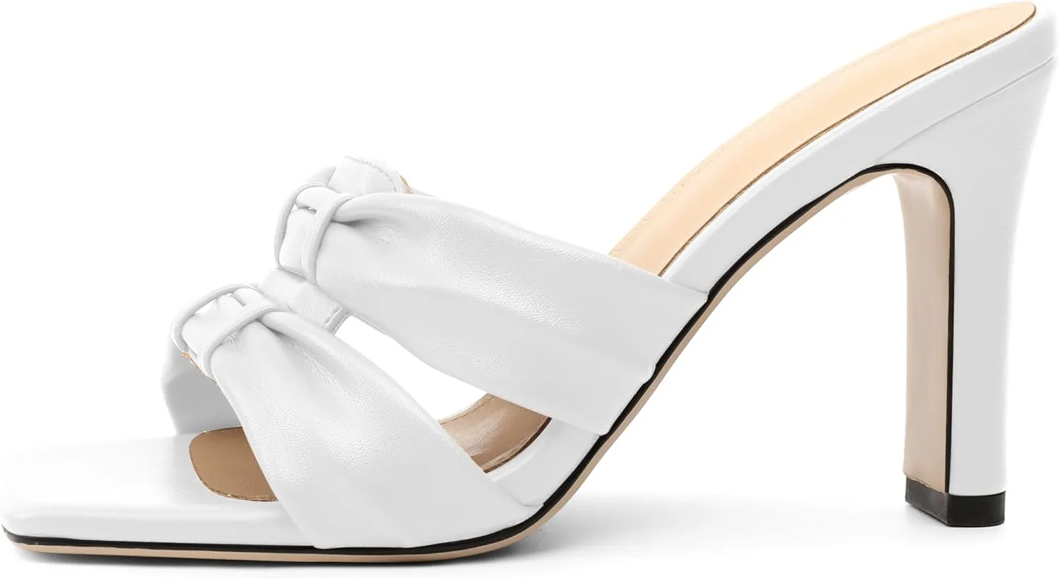 SAMMITOP Women's Square Toe Heels Knot Strap Chunky High Heeled Sandals Comfortable Slip On Mules Slide for Party Dating Daily 3.7 Inch