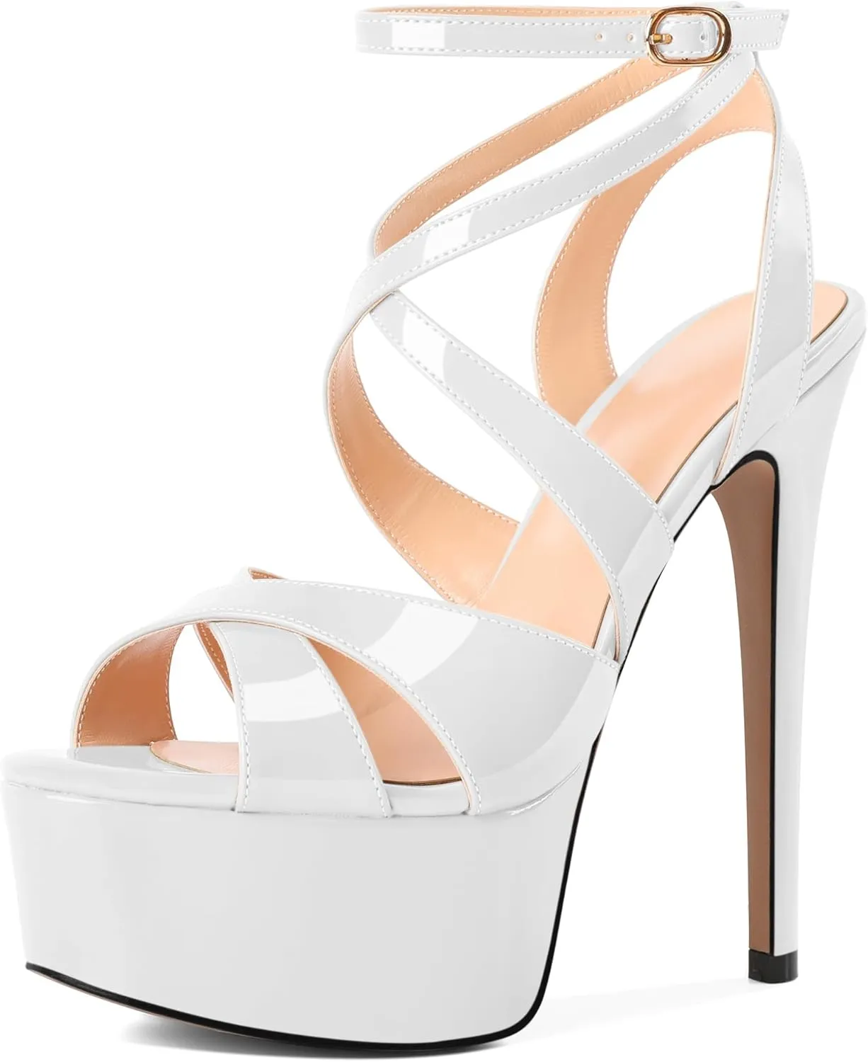 SAMMITOP Women's Strappy Platform Heels Sexy Stiletto High Heel Sandals Open Toe Ankle Strap Buckle Summer Dress Shoes for Wedding Bridal Party 6 Inch