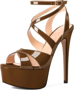 SAMMITOP Women's Strappy Platform Heels Sexy Stiletto High Heel Sandals Open Toe Ankle Strap Buckle Summer Dress Shoes for Wedding Bridal Party 6 Inch