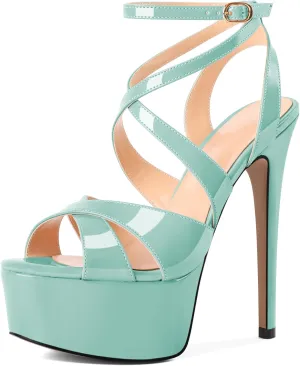 SAMMITOP Women's Strappy Platform Heels Sexy Stiletto High Heel Sandals Open Toe Ankle Strap Buckle Summer Dress Shoes for Wedding Bridal Party 6 Inch