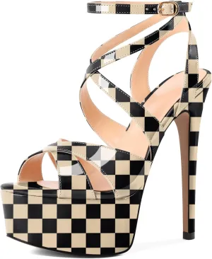 SAMMITOP Women's Strappy Platform Heels Sexy Stiletto High Heel Sandals Open Toe Ankle Strap Buckle Summer Dress Shoes for Wedding Bridal Party 6 Inch