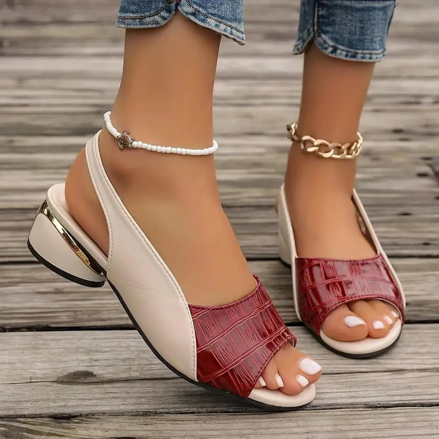 Sandals 2025 Chunky Heel Open Toe Trendy Sandals Color Block Wedding Party Sparkling Women Shoes