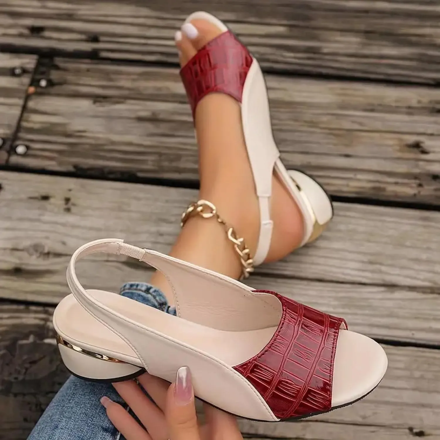 Sandals 2025 Chunky Heel Open Toe Trendy Sandals Color Block Wedding Party Sparkling Women Shoes