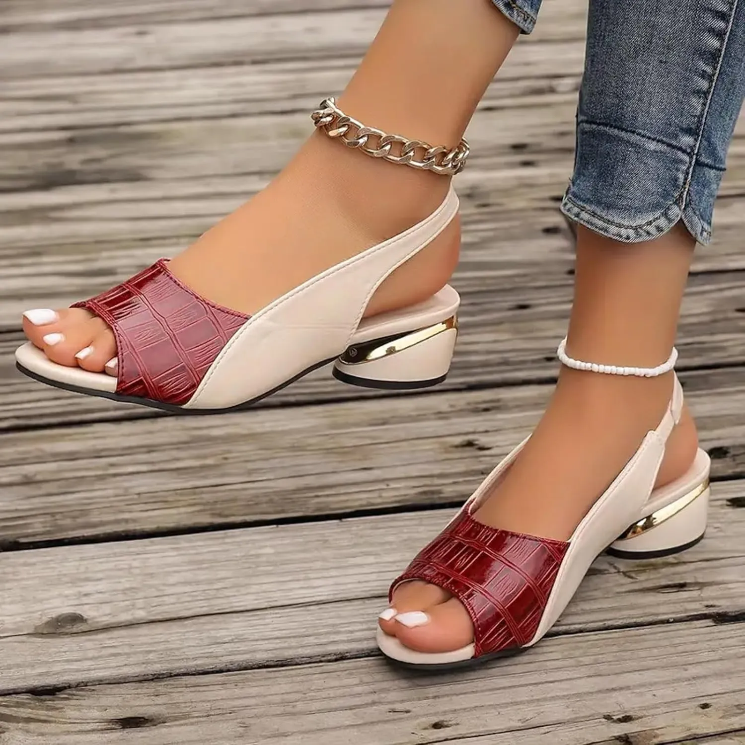 Sandals 2025 Chunky Heel Open Toe Trendy Sandals Color Block Wedding Party Sparkling Women Shoes