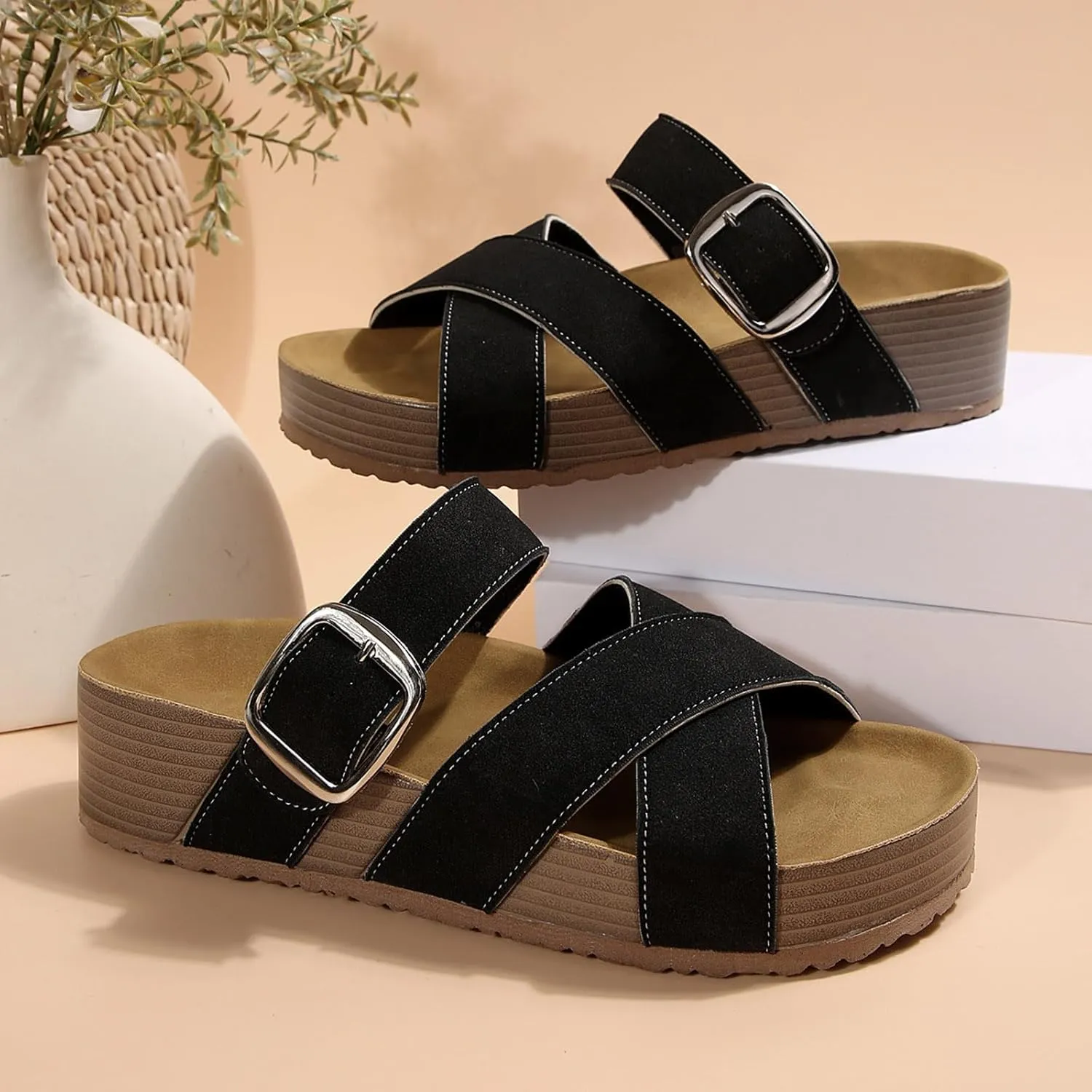 Sandals 2025 Wide Width Cross Strappy Slippers Soft Cushion Comfortable Walking Slip on Summer Shoes