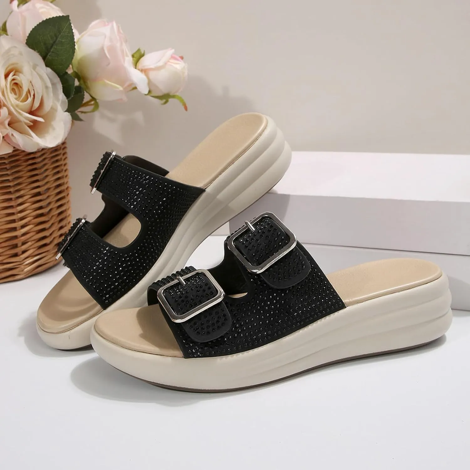 Sandals 2025 Wide Width Double Straps Slippers Soft Cushion Comfortable Walking Slip on Women Summer Shoes