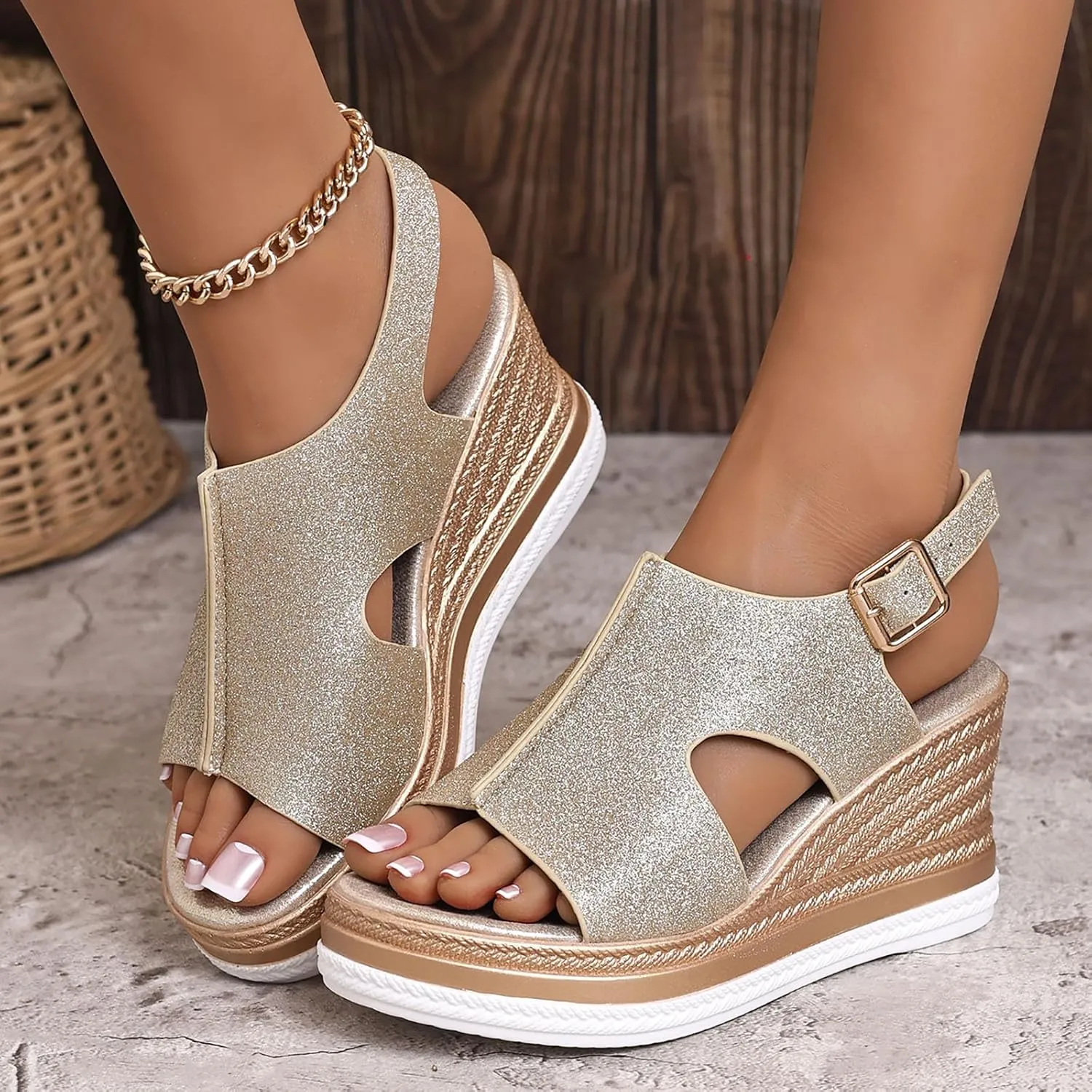 Sandals for Women 2025 Wide Width Platform Wedge Sandals Summer Dressy,Women's Open Toe Buckle Ankle Strap Sandals