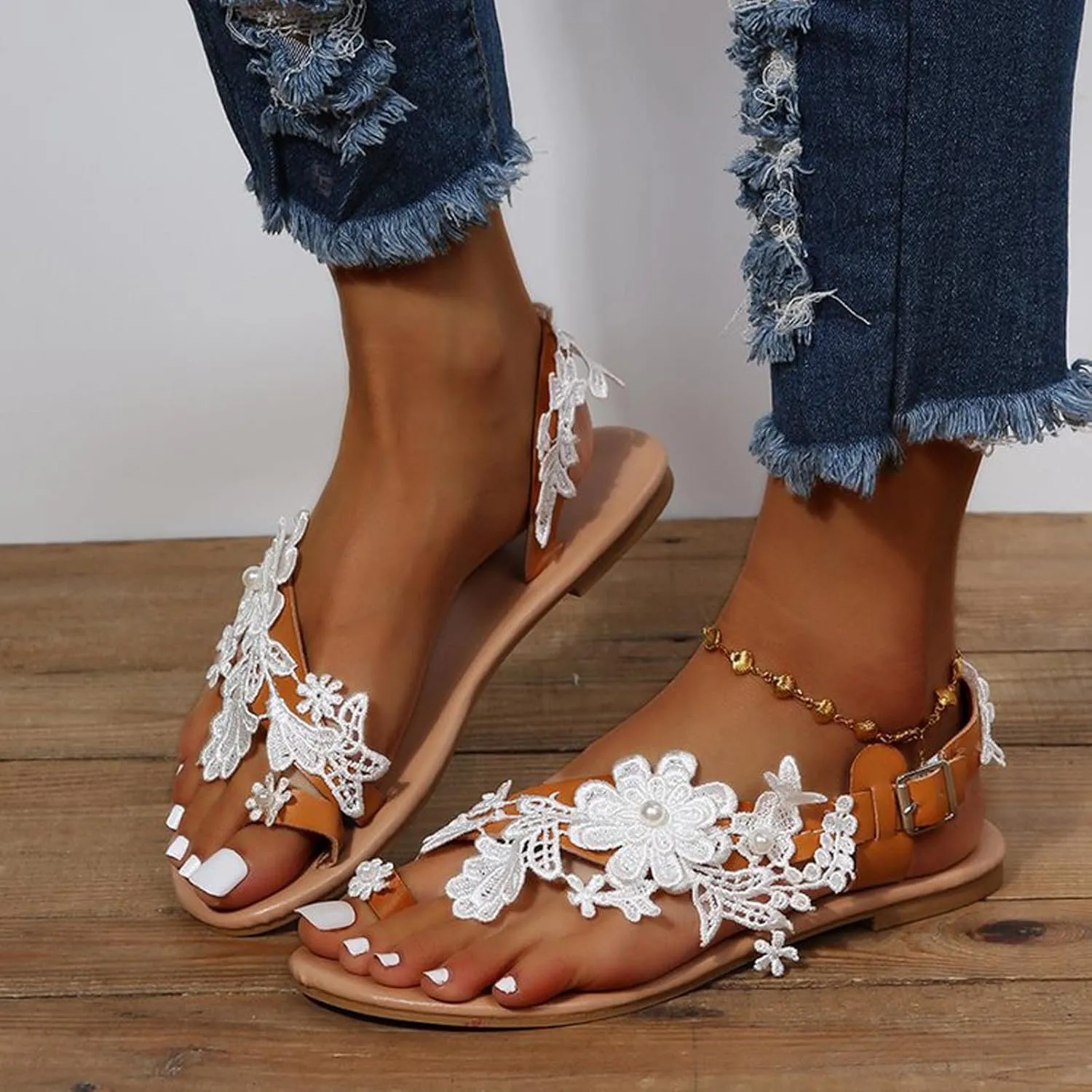 Sandals for Women Dressy Casual Summer Bohemian Lace Flower Sandal Comfortable Elastic Ankle Strap Beach Shoes