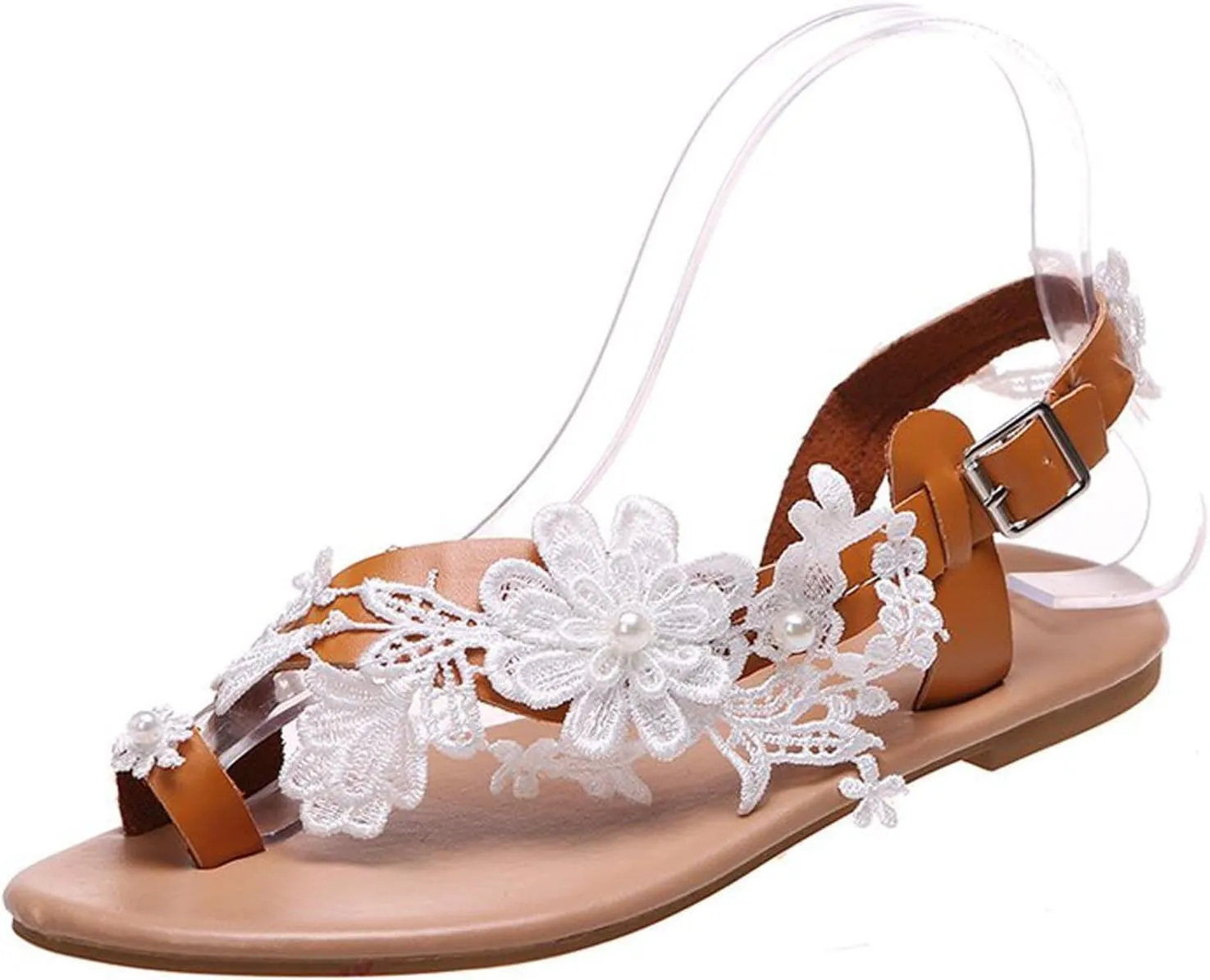 Sandals for Women Dressy Casual Summer Bohemian Lace Flower Sandal Comfortable Elastic Ankle Strap Beach Shoes