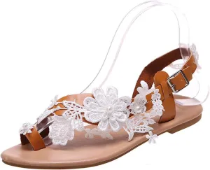 Sandals for Women Dressy Casual Summer Bohemian Lace Flower Sandal Comfortable Elastic Ankle Strap Beach Shoes