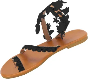 Sandals for Women Dressy Wedding Pearl And Rhinestone Strappy Beach Shoes Bohemian Lace Flower Sandal Summer Flat