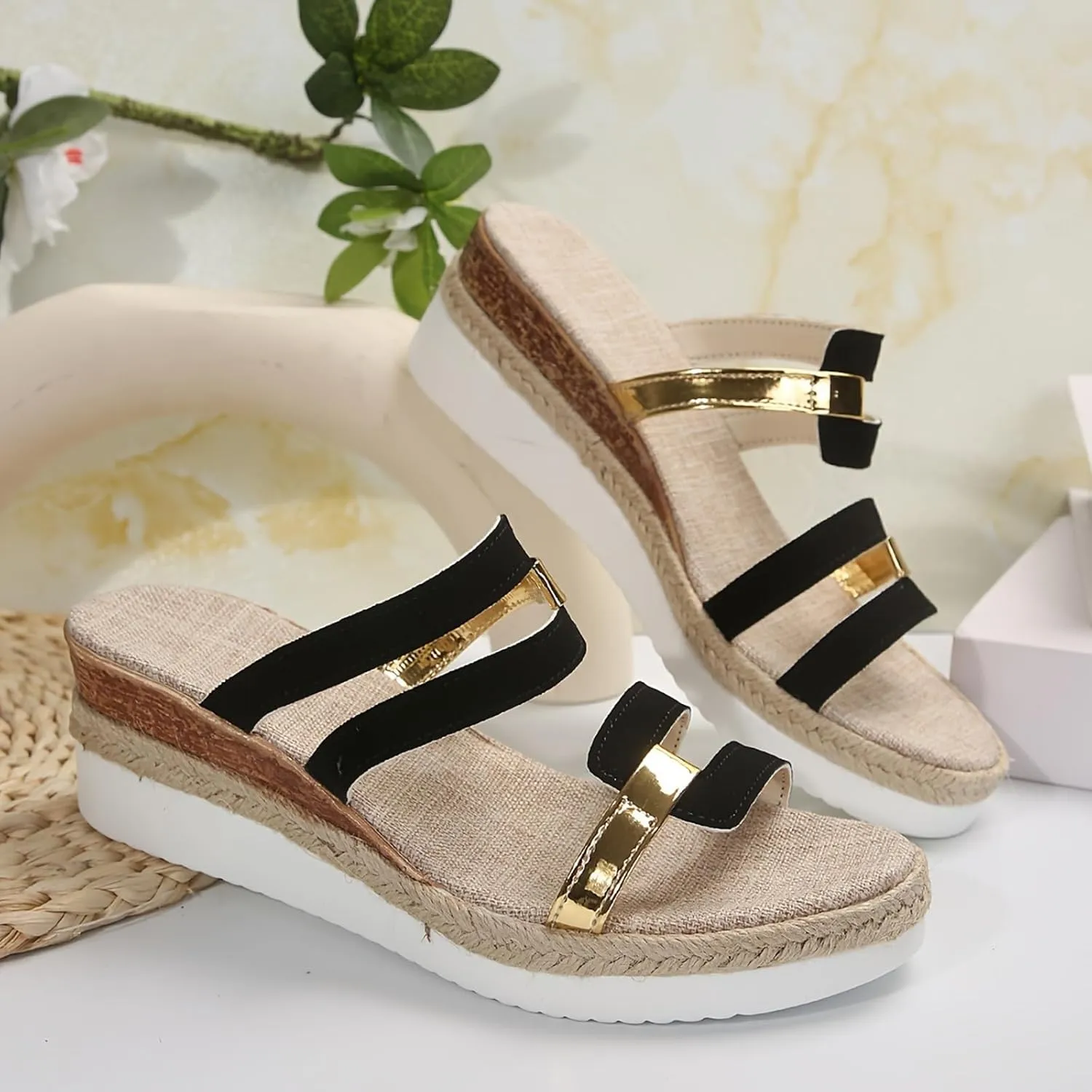 Sandals for Women Wedge Shoes,Fashion Lightweight Arch Support Slippers for Womens Comfy Wedge Orthopedic Sandals Summer Platform Cork Wedges Espadrille Heel Strappy Leather Sandals Dressy Shoes
