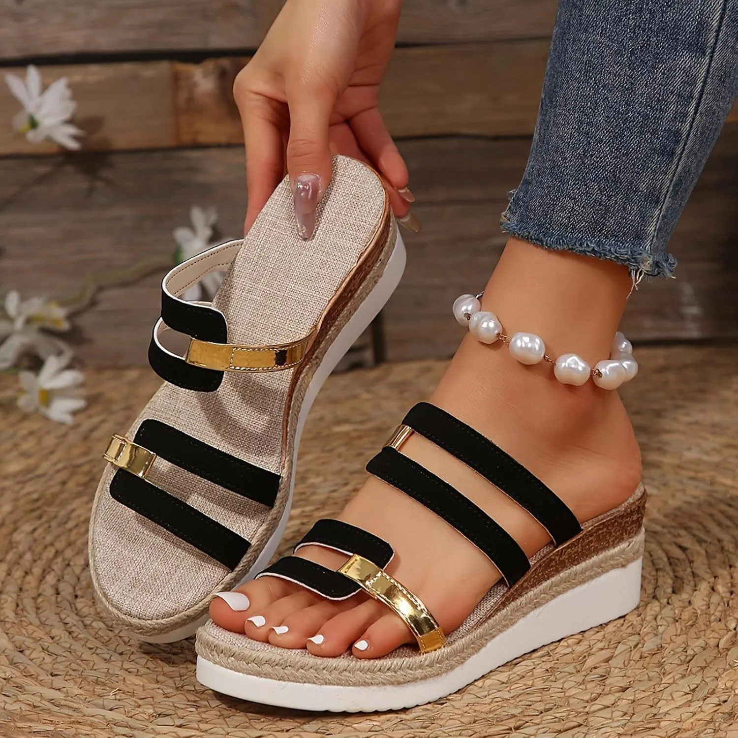 Sandals for Women Wedge Shoes,Fashion Lightweight Arch Support Slippers for Womens Comfy Wedge Orthopedic Sandals Summer Platform Cork Wedges Espadrille Heel Strappy Leather Sandals Dressy Shoes