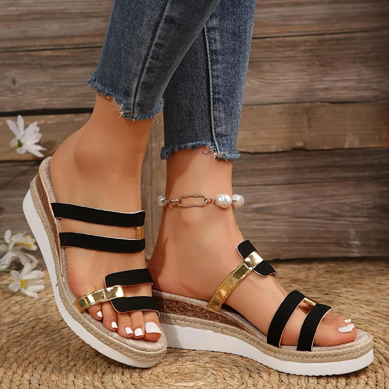 Sandals for Women Wedge Shoes,Fashion Lightweight Arch Support Slippers for Womens Comfy Wedge Orthopedic Sandals Summer Platform Cork Wedges Espadrille Heel Strappy Leather Sandals Dressy Shoes